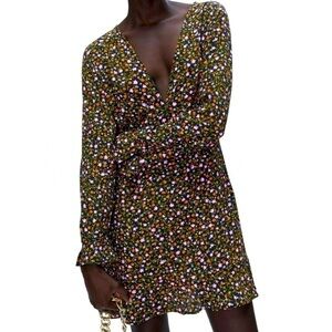Zara Floral Print Long Sleeve Mini Dress Black Small